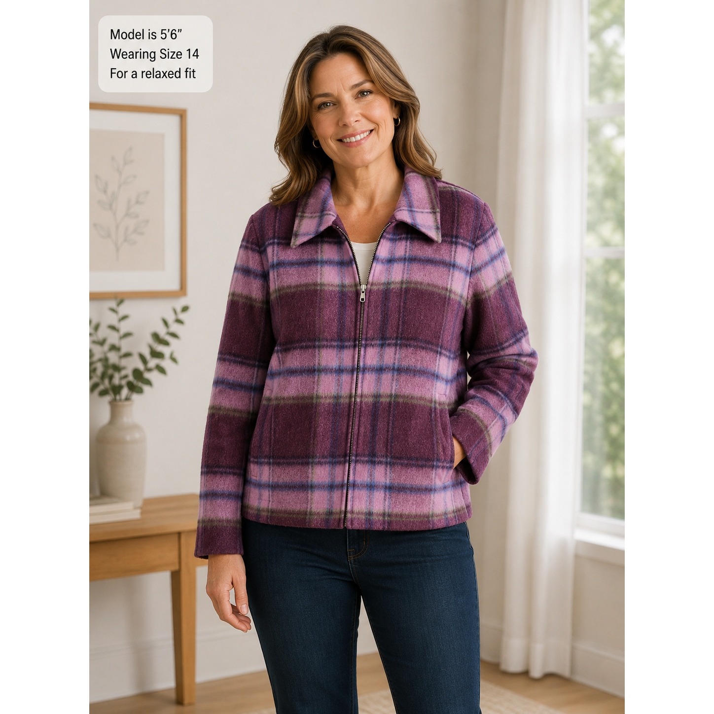 Requirements Zip Up Jacket Womens 14 Purple Plaid Wool Mohair Blend Vintage